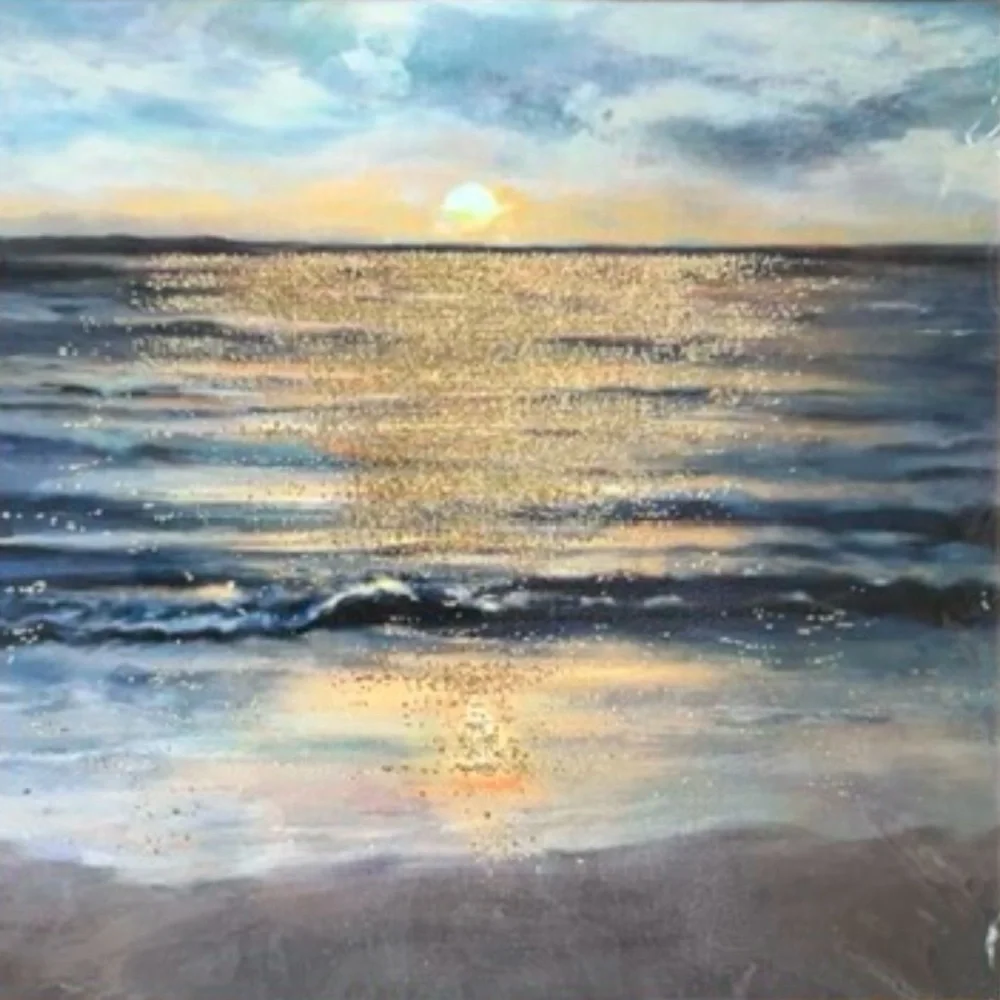 ON GOLDEN BEACH Canvas Wall Art Metallic Gold Sun Blue Waves Small Space 9 x 9